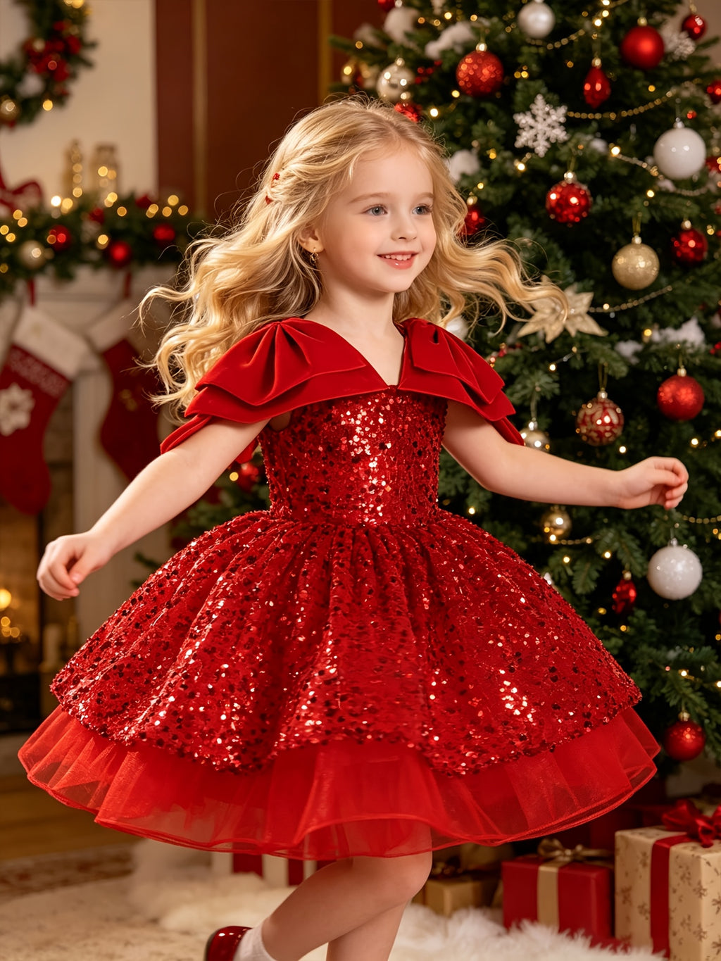 Vestido de Princesa para Niña: Vestido de Noche y Fiesta de Navidad con Lentejuelas Brillantes y Falda de Tul (Estilo Banquetes) (4 - 8Y)
