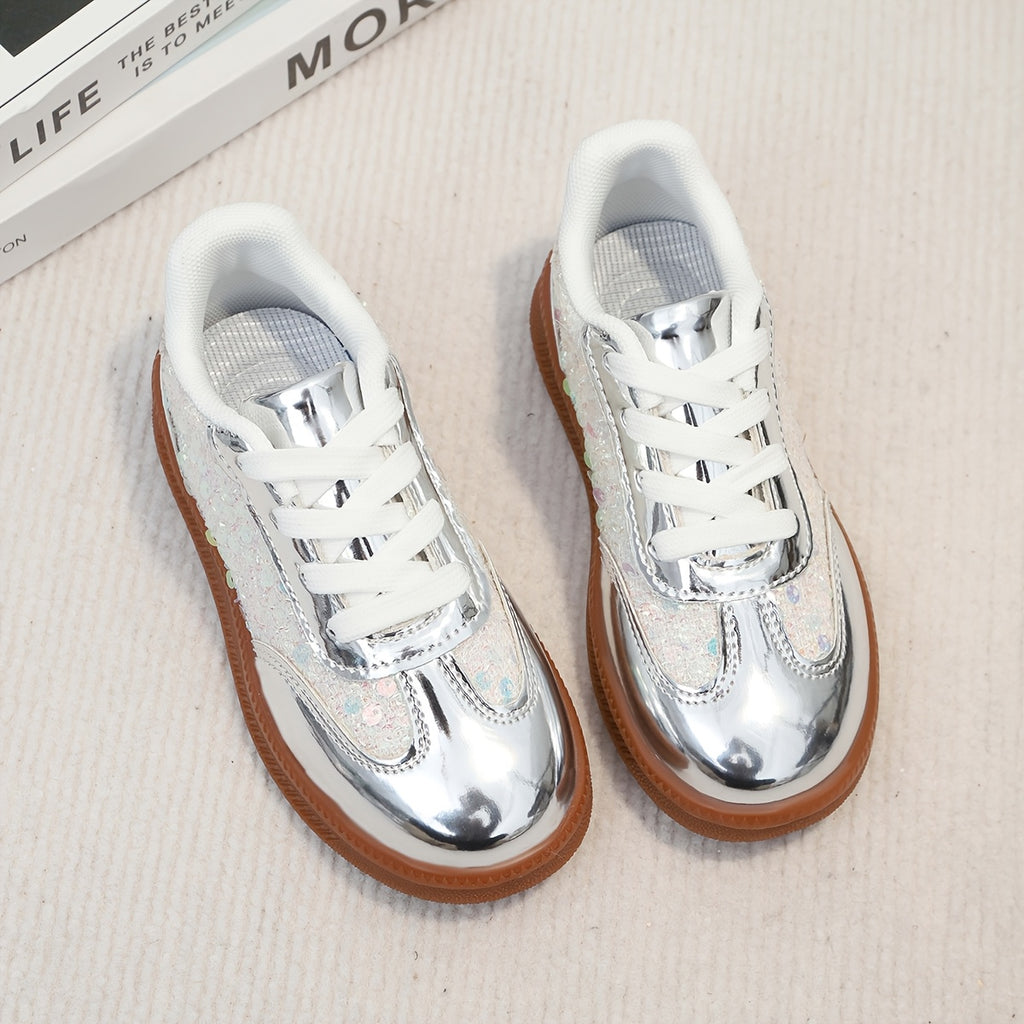 Zapatillas Deportivas Casuales con Purpurina, Lentejuelas y Acabado Metalizado Plateado para Niña