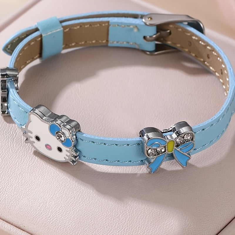 Pulsera Estilo Correa de Cuero Sintético Sanrio Hello Kitty Azul con Dijes Decorativos de Lazo (Diseño Kawaii y Ajustable)