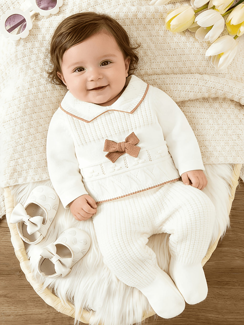 Conjunto de Ropa Tejida de Manga Larga con Lazo para Bebé en Color Blanco y Marrón (Suéter con Cuello y Pantalón con Pies, Estilo Elegante para Primavera) (1M - 9M)