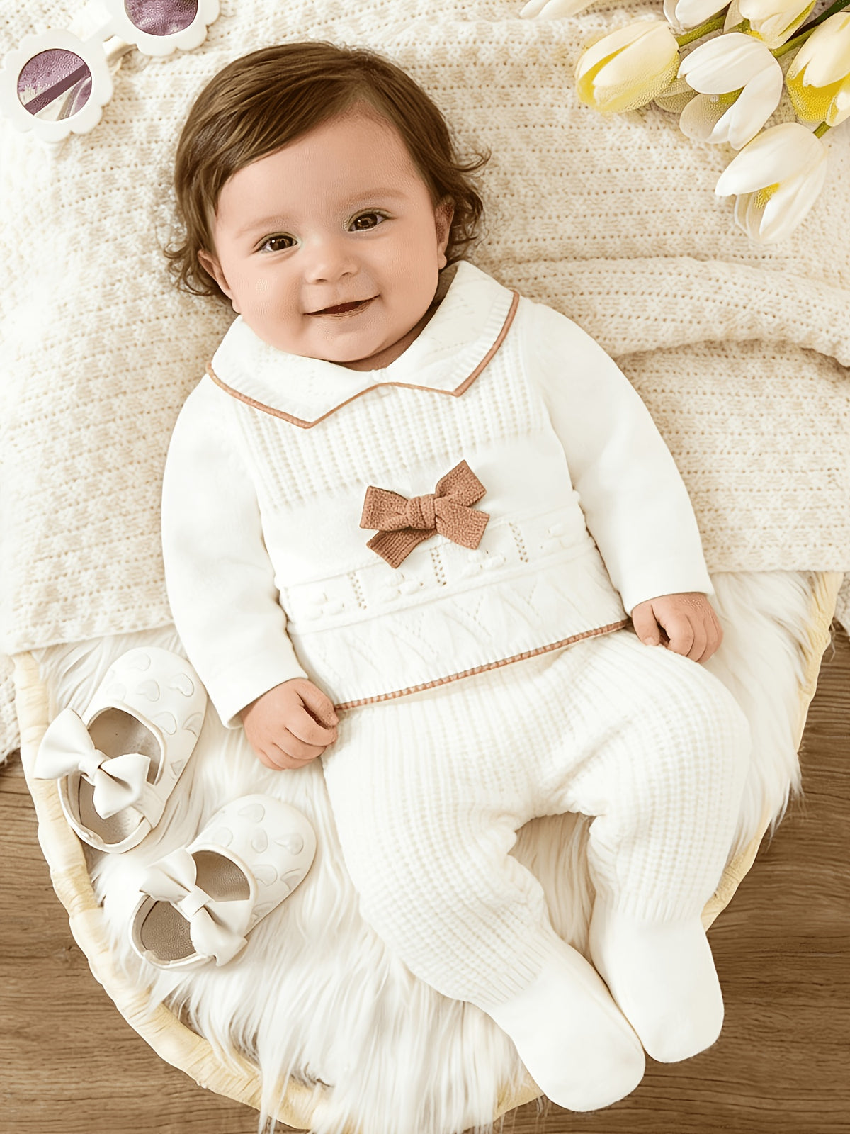 Conjunto de Ropa Tejida de Manga Larga con Lazo para Bebé en Color Blanco y Marrón (Suéter con Cuello y Pantalón con Pies, Estilo Elegante para Primavera) (1M - 9M)
