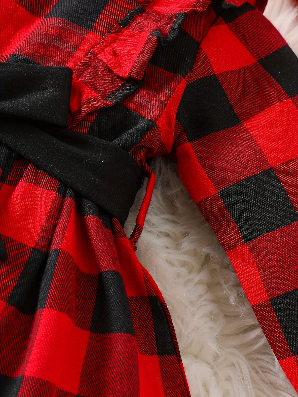 Conjunto Navideño de 2 Piezas para Bebé Niña: Blusa de Manga Larga a Cuadros Rojos con Lazo Negro y Pantalón Largo (Ideal para Fiestas y Otoño/Invierno) (6M - 3Y)
