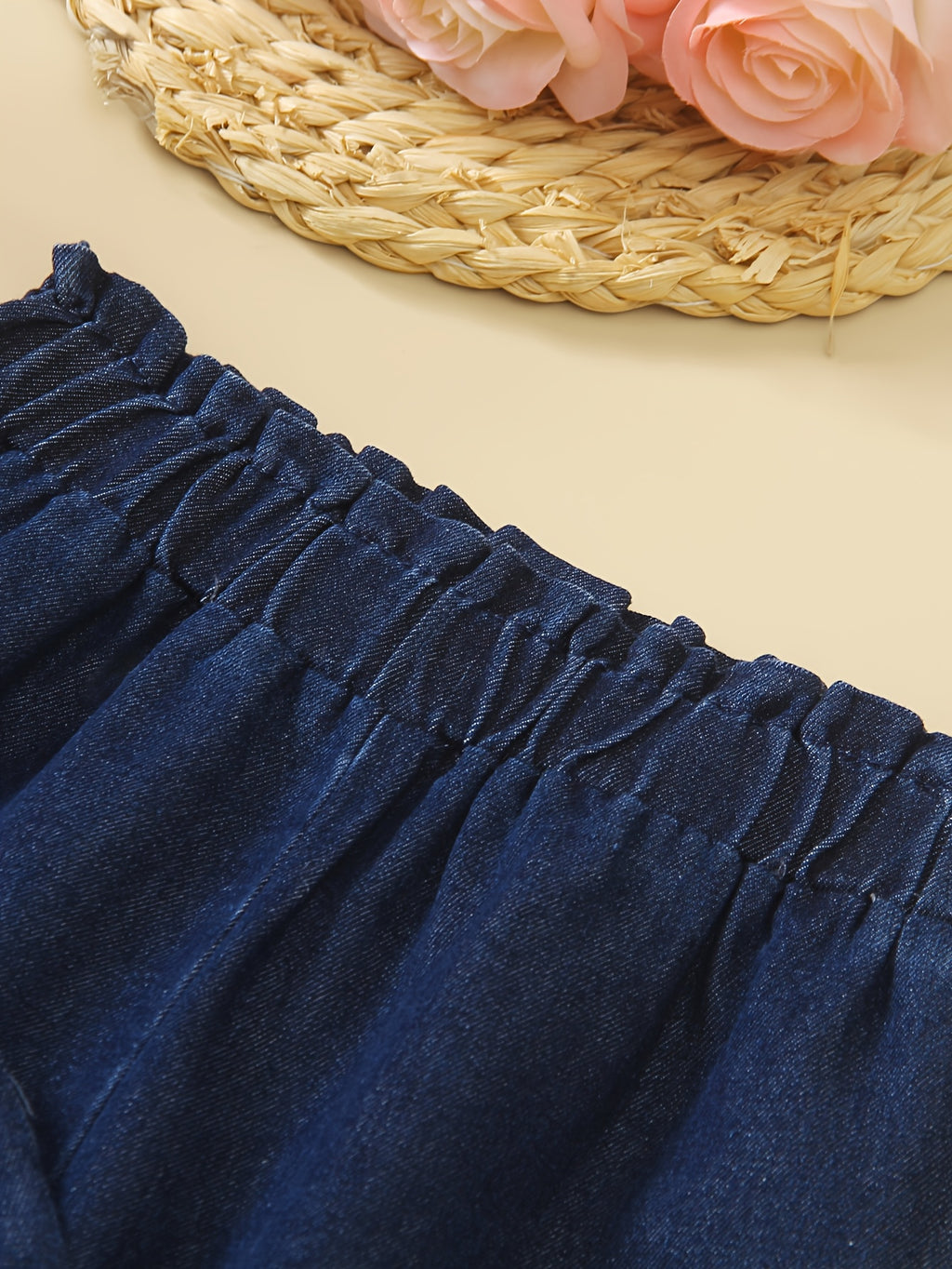 Conjunto de 2 Piezas de Camisola de Mezclilla con Volantes y Lazos + Pantalón Largo Recto para Niñas (Estilo Casual y Moderno para Primavera/Verano) (8Y - 12Y)