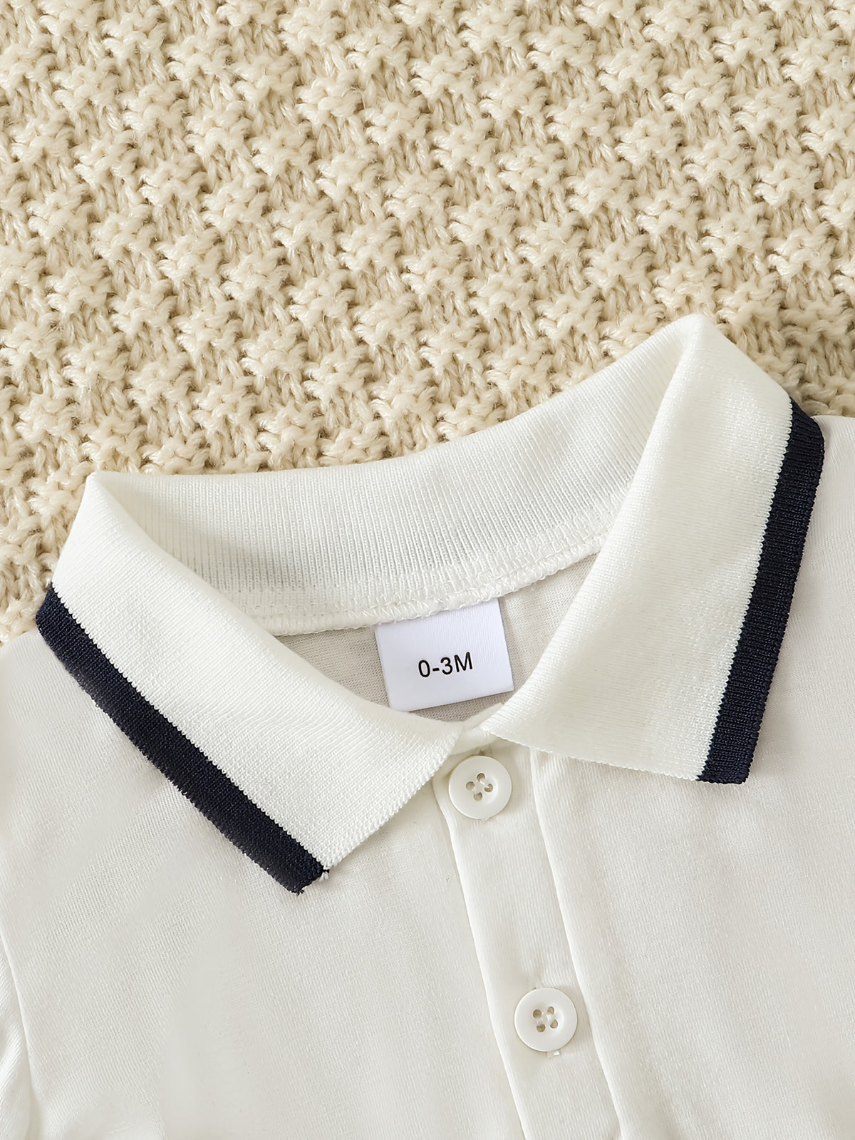 Conjunto de 2 Piezas para Bebé Niño con Pelele de Manga Larga Tipo Polo y Pantalón Largo en Color Blanco y Azul Marino (Traje Formal y Casual de Otoño/Invierno) (0M - 12M)