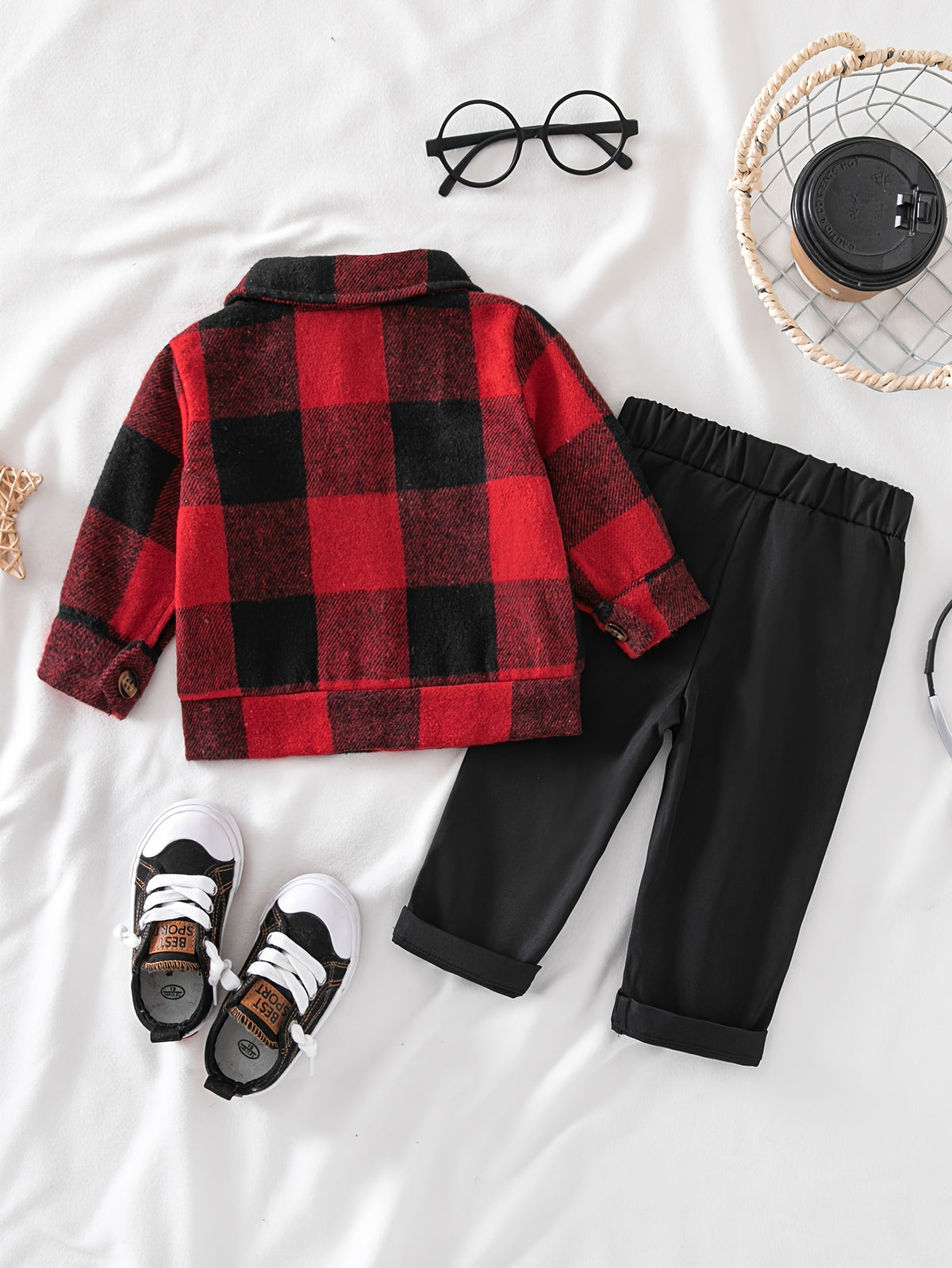 Conjunto de 2 Piezas "Red Lumberjack" para Niño – Chaqueta de Cuadros Rojos y Negros con Pantalón Casual (Primavera/Otoño (3M - 3Y)