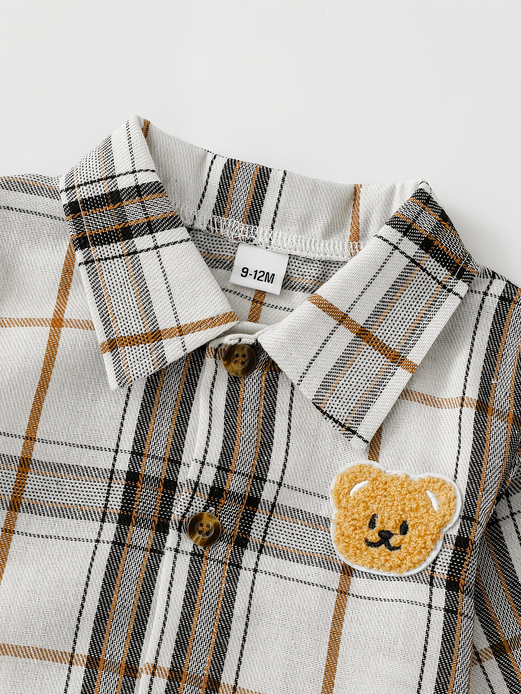Conjunto de 2 Piezas para Bebé con Camisa de Cuadros, Parche de Oso y Pantalón de Pana (Atuendo Casual, Estilo Preppy de Otoño/Primavera) (6M - 12M)