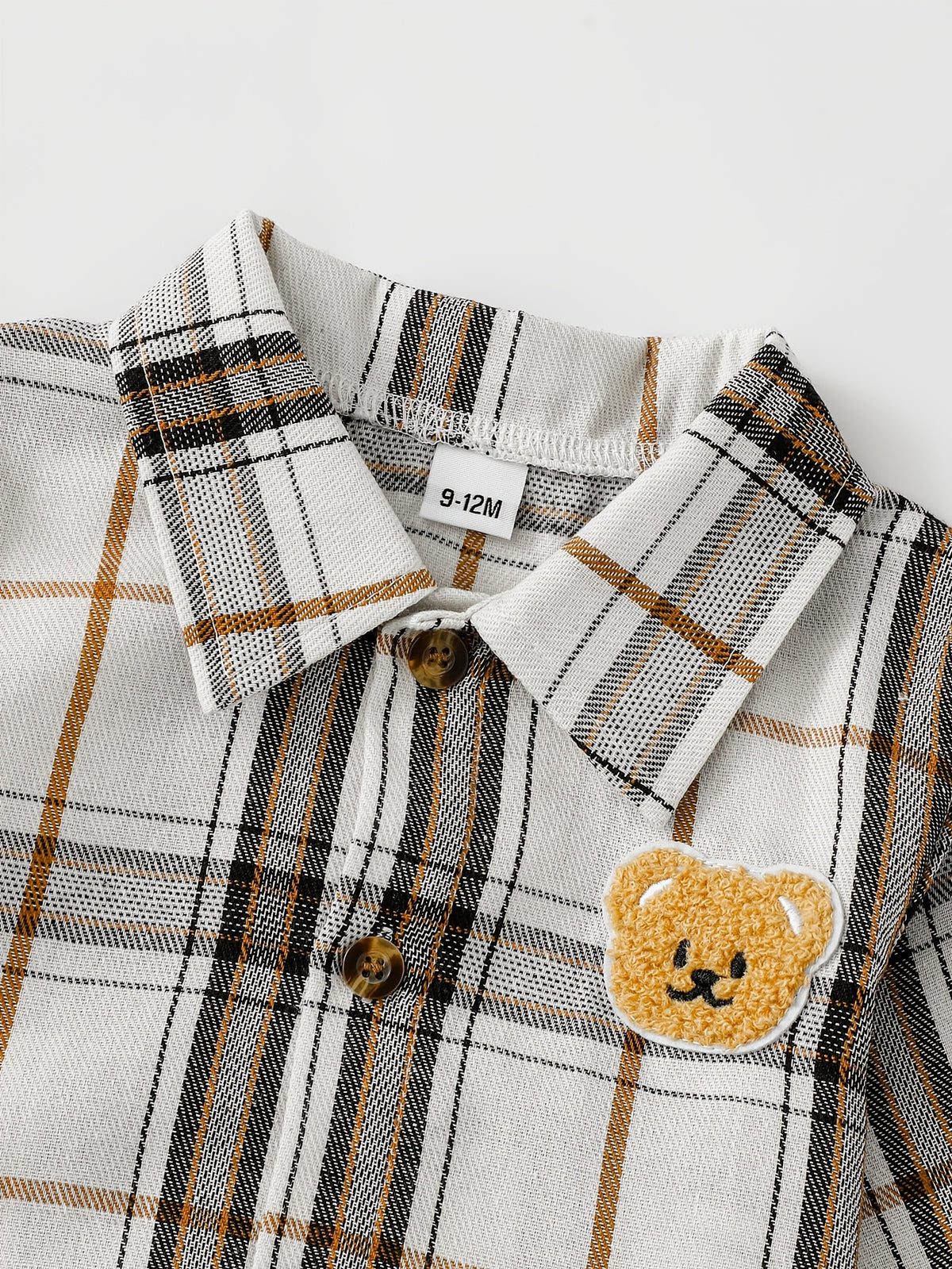 Conjunto de 2 Piezas para Bebé con Camisa de Cuadros, Parche de Oso y Pantalón de Pana (Atuendo Casual, Estilo Preppy de Otoño/Primavera) (6M - 12M)