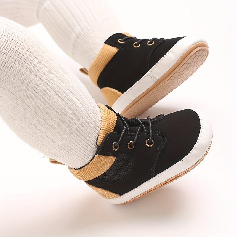 Zapatillas Estilo Botín de Caña Alta para Bebé en Color Negro con Detalles Canelados Camel (Calzado Ligero y Vintage con Suela de Caucho para Otoño/Invierno) (Talla 19- 21)