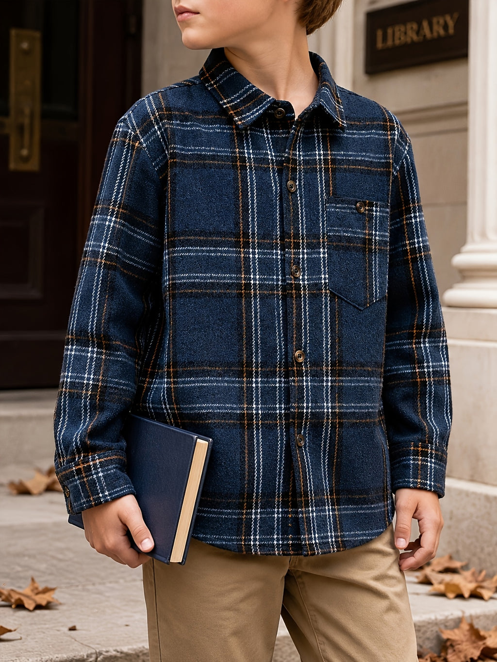 Camisa de Manga Larga a Cuadros Azul Marino para Niño con Bolsillo en el Pecho (Prenda Casual de Otoño y Vuelta al Cole) (4Y - 12Y)