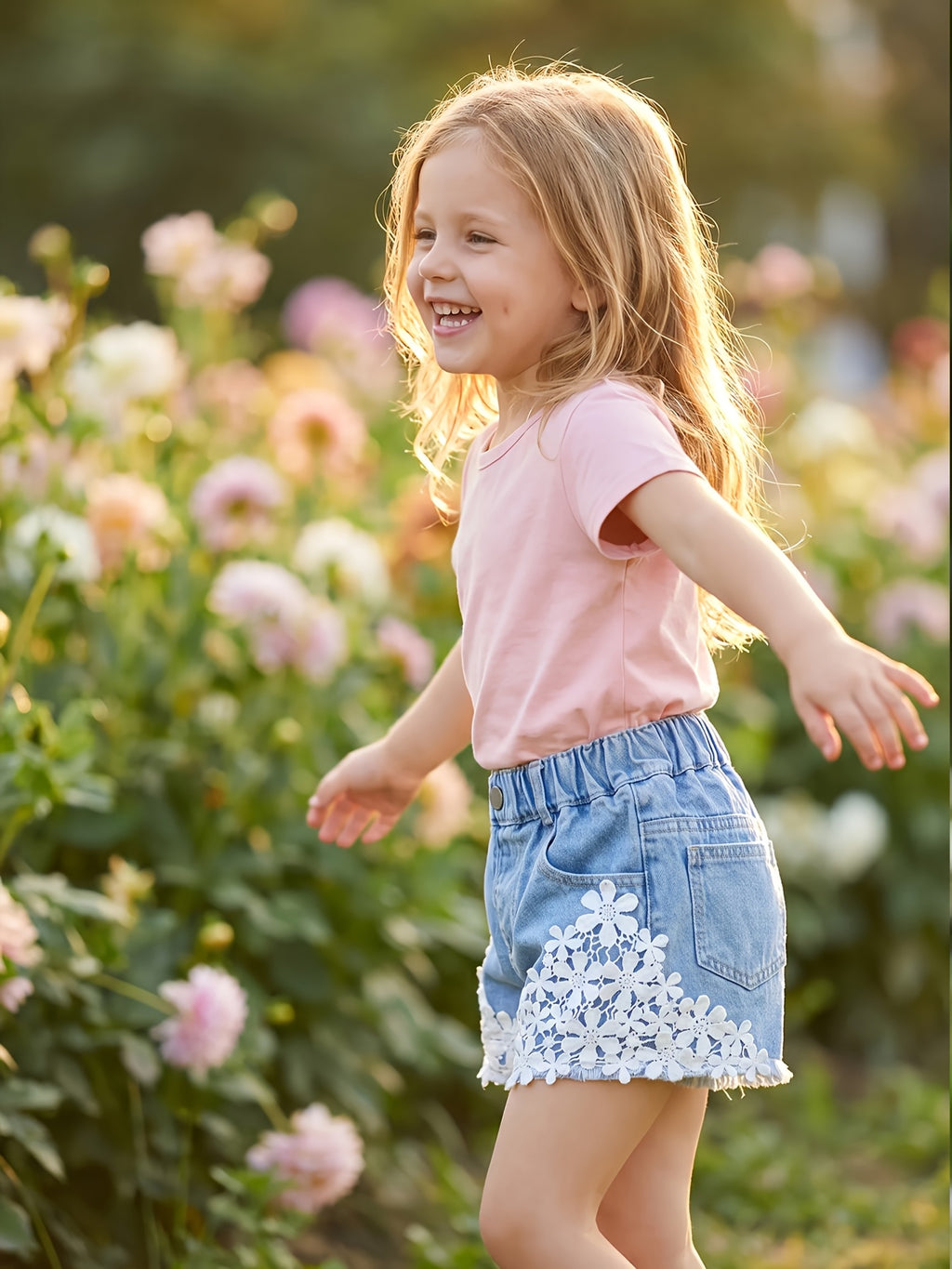 Shorts de Mezclilla para Niñas con Ribete de Encaje Floral y Cintura Completamente Elástica (Estilo Adorable y Versátil para Verano y Vacaciones) (Solo Talla 5Y)