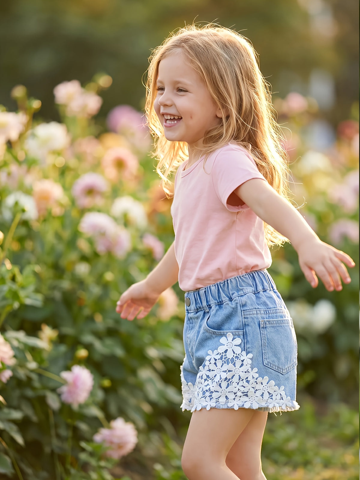Shorts de Mezclilla para Niñas con Ribete de Encaje Floral y Cintura Completamente Elástica (Estilo Adorable y Versátil para Verano y Vacaciones) (Solo Talla 5Y)