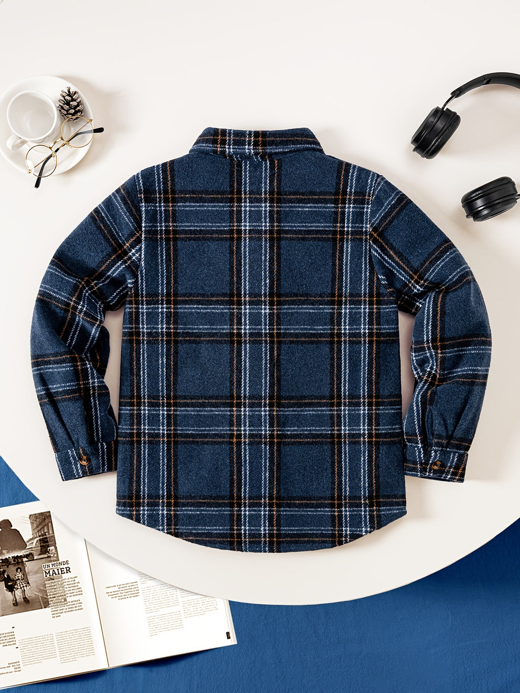 Camisa de Manga Larga a Cuadros Azul Marino para Niño con Bolsillo en el Pecho (Prenda Casual de Otoño y Vuelta al Cole) (4Y - 12Y)
