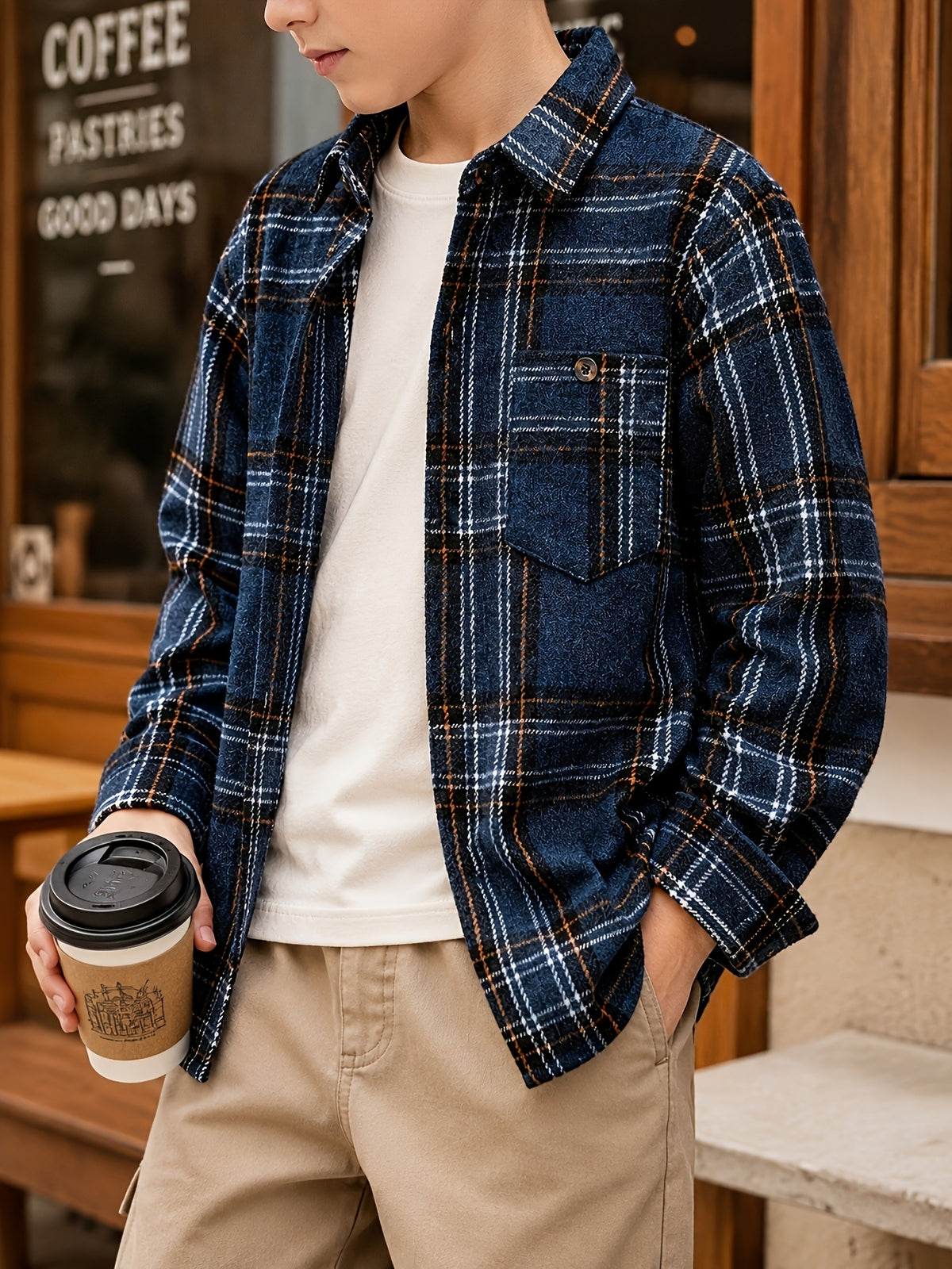 Camisa de Manga Larga a Cuadros Azul Marino para Niño con Bolsillo en el Pecho (Prenda Casual de Otoño y Vuelta al Cole) (4Y - 12Y)
