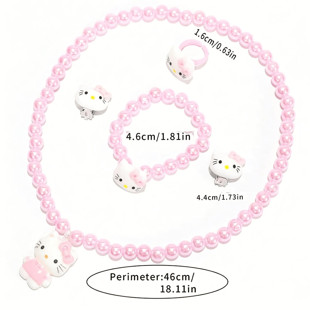 Conjunto de Joyería Infantil de 5 Piezas: Collar, Pulsera, Anillo y Aretes con Dije de Gato y Cuentas Acrílicas Rosas (Estilo Kawaii)