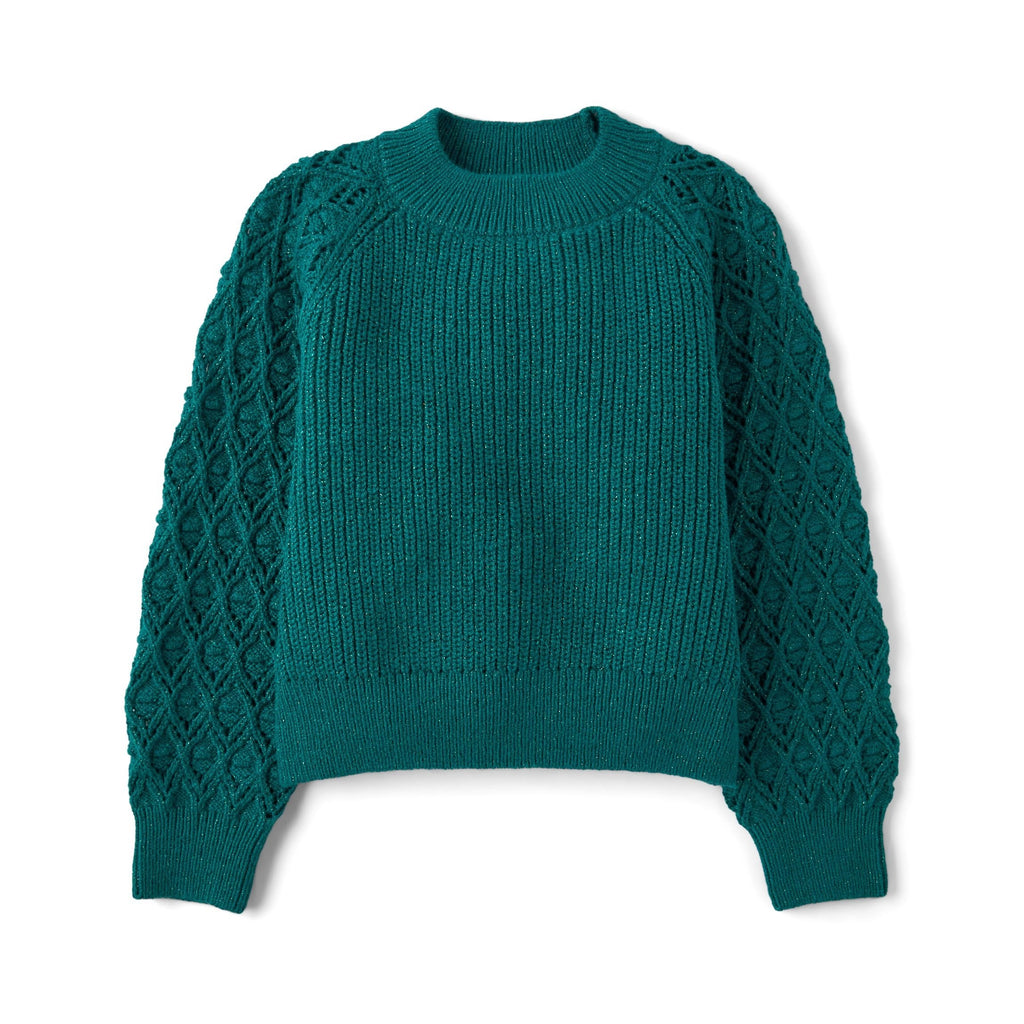 The Children's Place Suéter Niña | Verde Esmeralda Lurex • Manga Calada Rombos • Mock Neck • Cropped