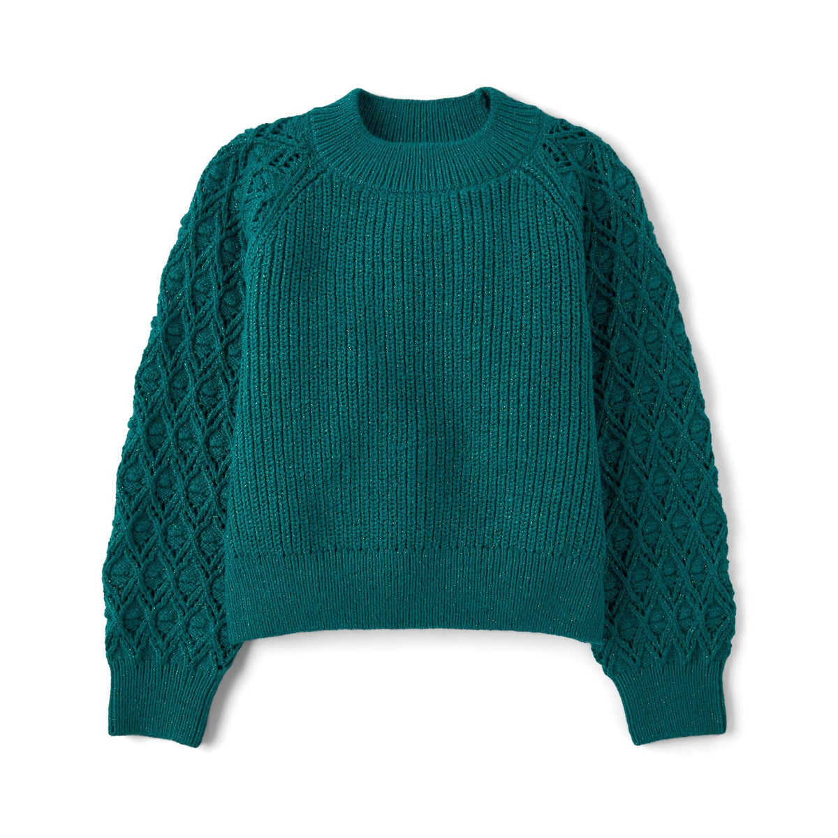 The Children's Place Suéter Niña | Verde Esmeralda Lurex • Manga Calada Rombos • Mock Neck • Cropped