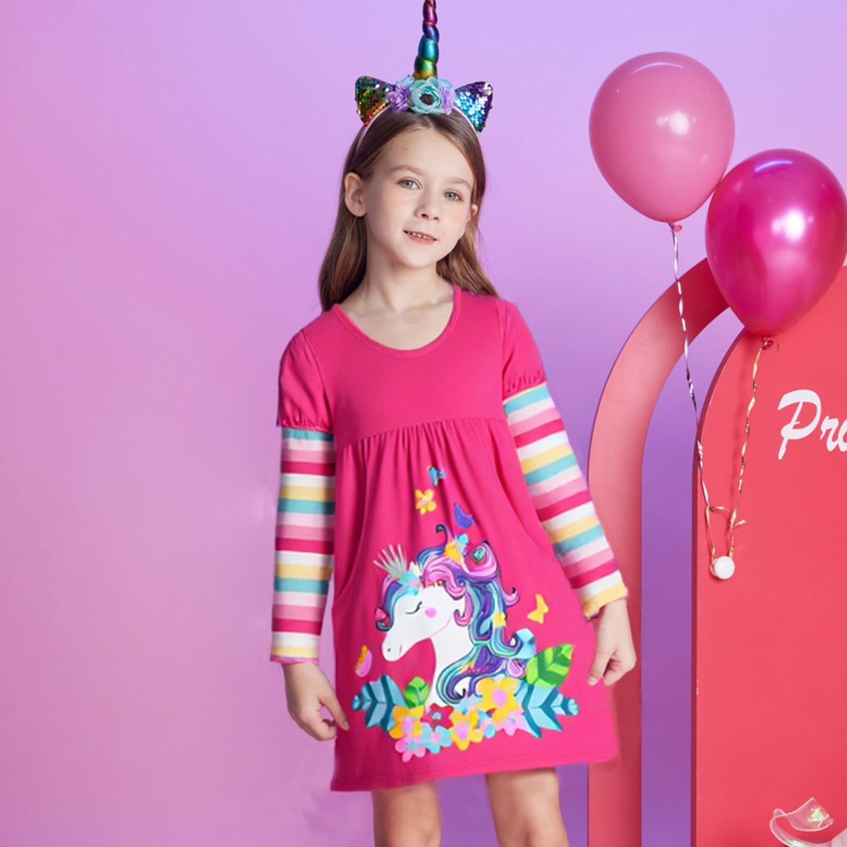 Vestido Niña VIKITA | 100% Algodón + Unicornio Floral Gigante + Mangas Rayas Arcoíris | Fucsia/Rosa Cumpleaños (3-8 Años)