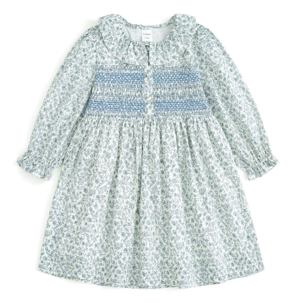 Vestido de Manga Larga 100% Algodón con Cuello con Volantes y Estampado Floral para Niña (12M - 8T)
