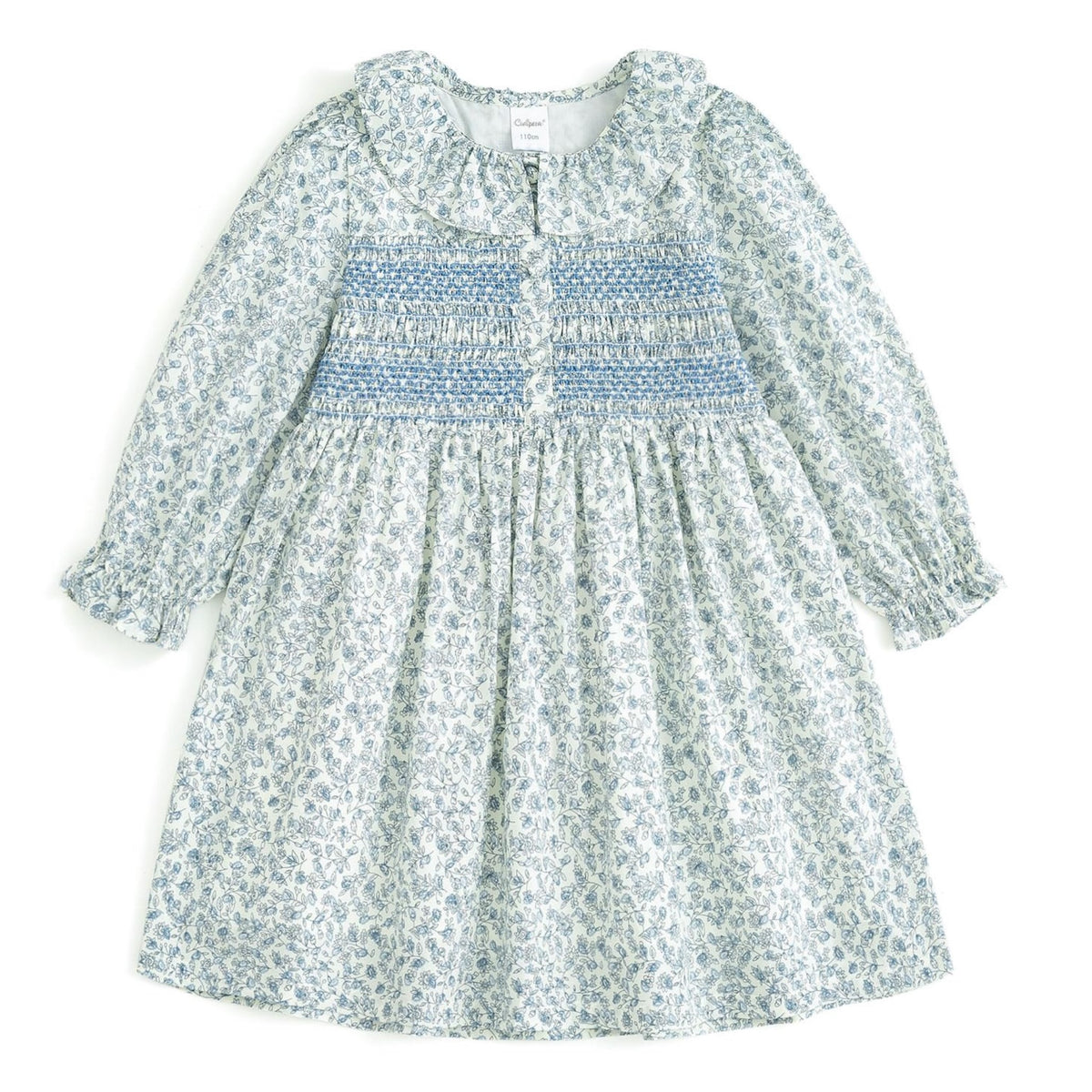 Vestido de Manga Larga 100% Algodón con Cuello con Volantes y Estampado Floral para Niña (12M - 8T)