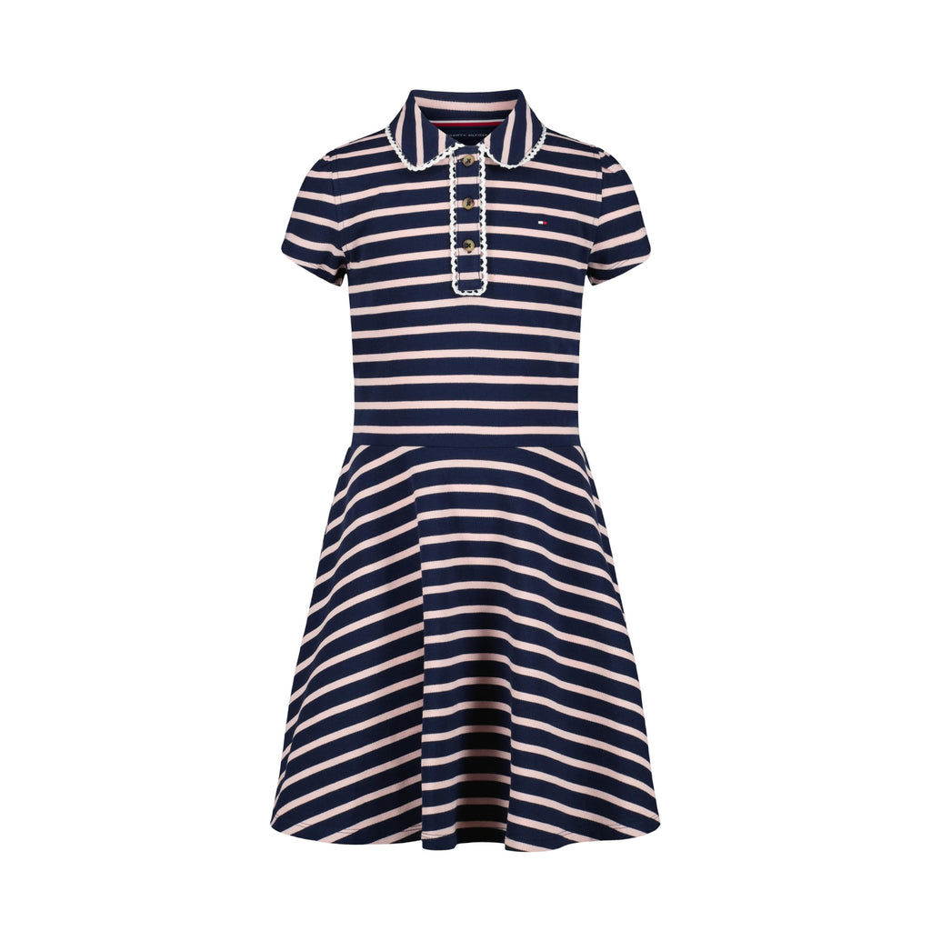 Tommy Hilfiger Vestido Polo Piqué Niña | Rayas Breton Navy/Rosa • Cuello Polo Ribete Picot • Falda Plisada