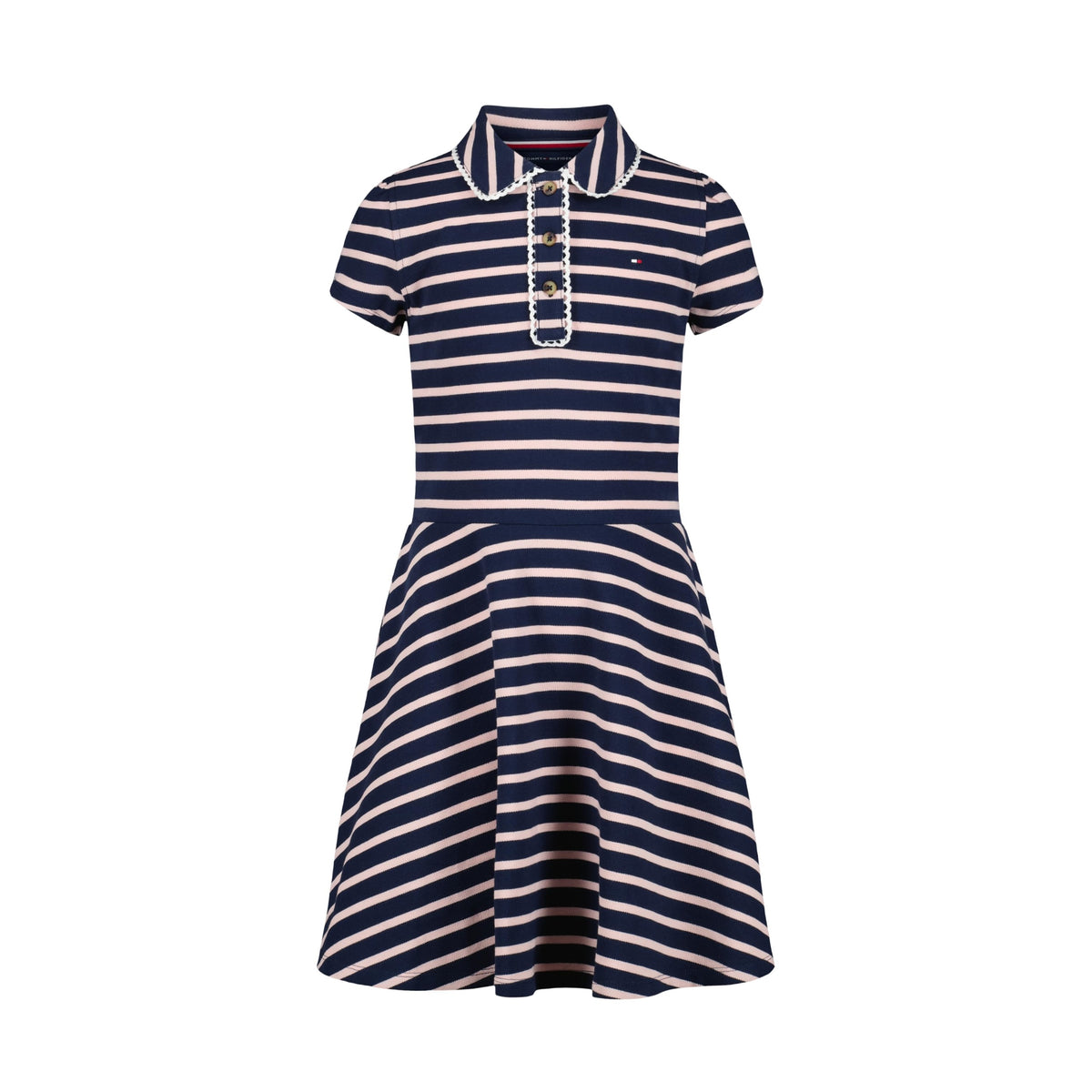 Tommy Hilfiger Vestido Polo Piqué Niña | Rayas Breton Navy/Rosa • Cuello Polo Ribete Picot • Falda Plisada