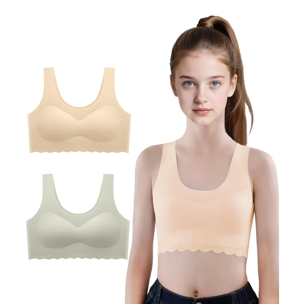 Brasier Sin Costuras Nina Pack 2 | 75% Nailon 25% Elastano | Relleno Extraible | Sin Aro | Borde Festoneado | Tono Piel + Verde Sage (10 - 16T)