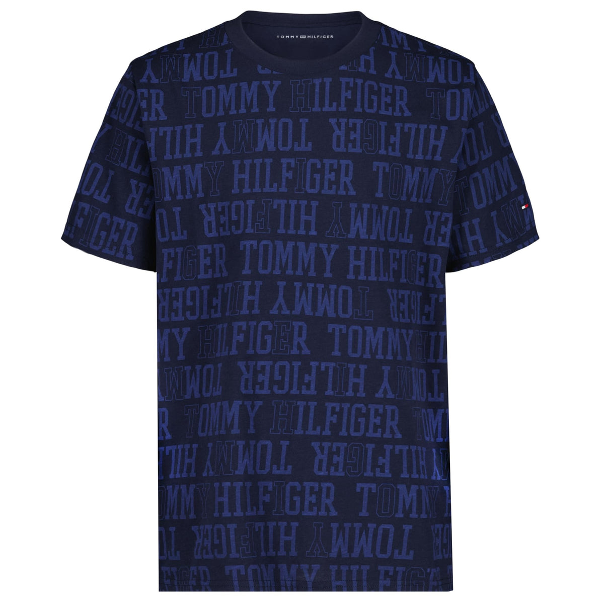 Tommy Hilfiger | Camiseta Niño Manga Corta Texto Tonal All-Over Monocromático Logo Manga 100% Algodón Azul Marino (8-16T)