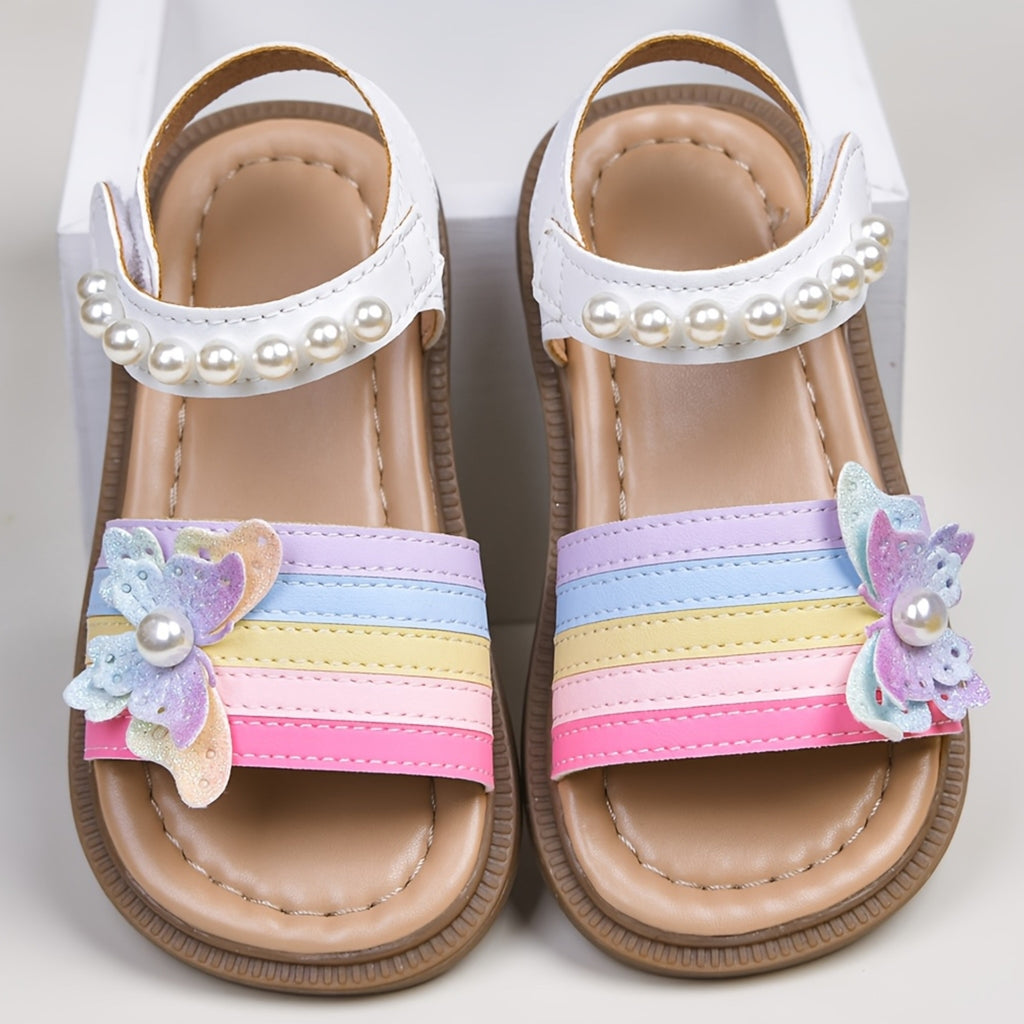 Sandalias de Princesa con Rayas Arcoíris, Perlas y Detalle de Mariposa para Niñas (Estilo Casual de Verano) (Talla 22 - 30)