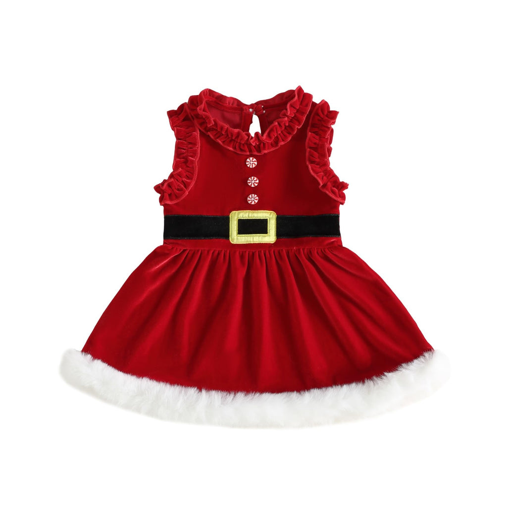 Santa Velvet Dress | Vestido Navideño Terciopelo Rojo Niña — Cuello Volantes + Botones Menta + Cintón + Ribete Piel Blanca