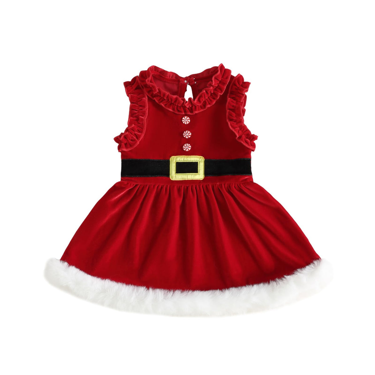 Santa Velvet Dress | Vestido Navideño Terciopelo Rojo Niña — Cuello Volantes + Botones Menta + Cintón + Ribete Piel Blanca