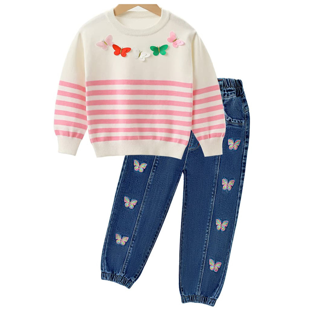 Conjunto 2 Piezas para Niña: Suéter con Mariposas 3D y Jogger Jeans Bordados
