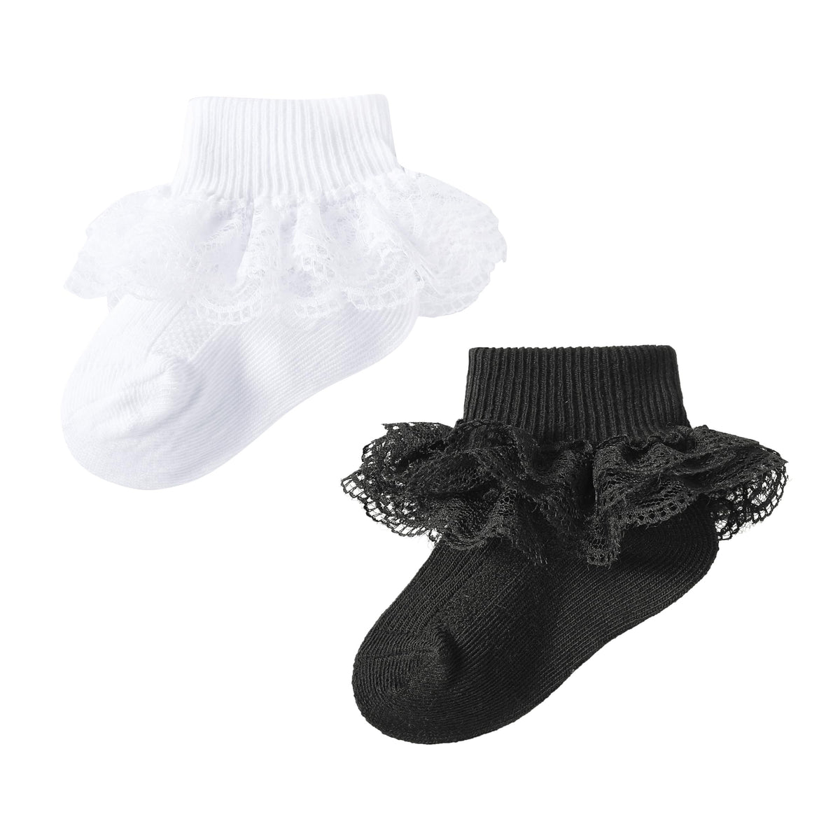 Calcetines Bebé Niña Pack 2 Algodón Canalé Encaje Volante Clásico Blanco Negro Contraste Ocasión