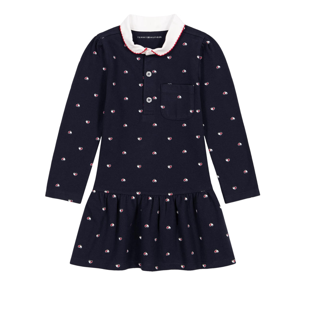 Tommy Hilfiger Vestido Polo Piqué Niña | Azul Navy Estampado Mini Corazones • Cuello Peter Pan Blanco