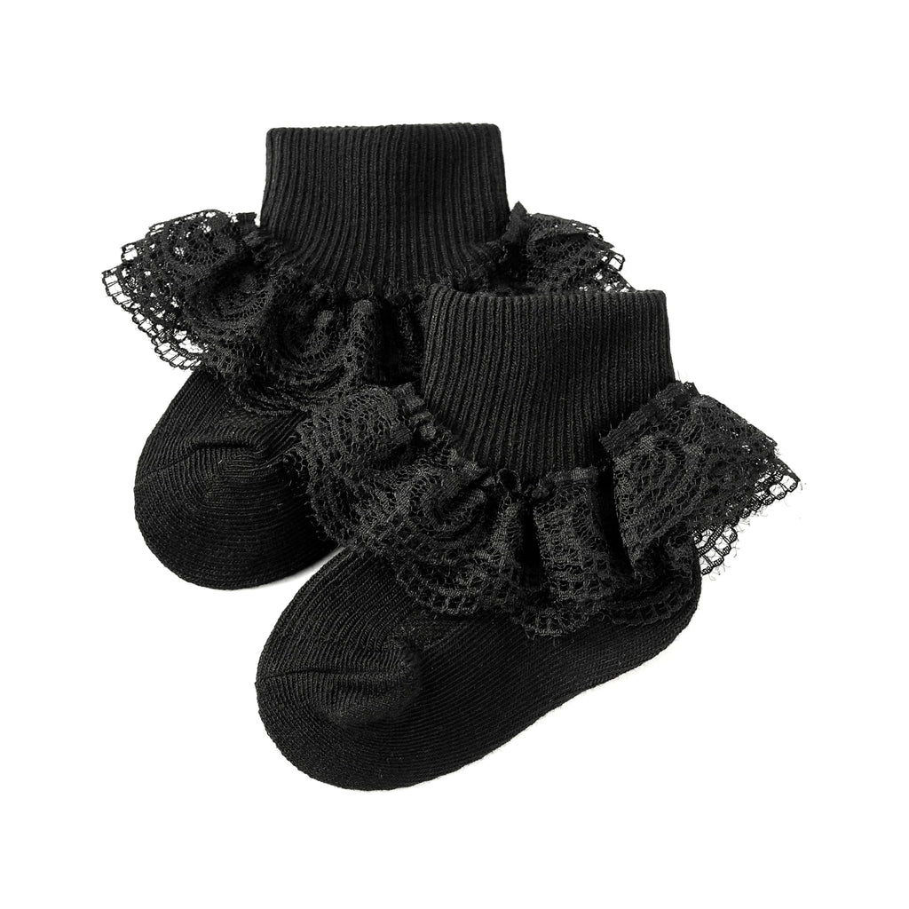 Calcetines Bebé Niña 1 Par Algodón Canalé Encaje Volante Lazo Satín Lateral Negro Editorial