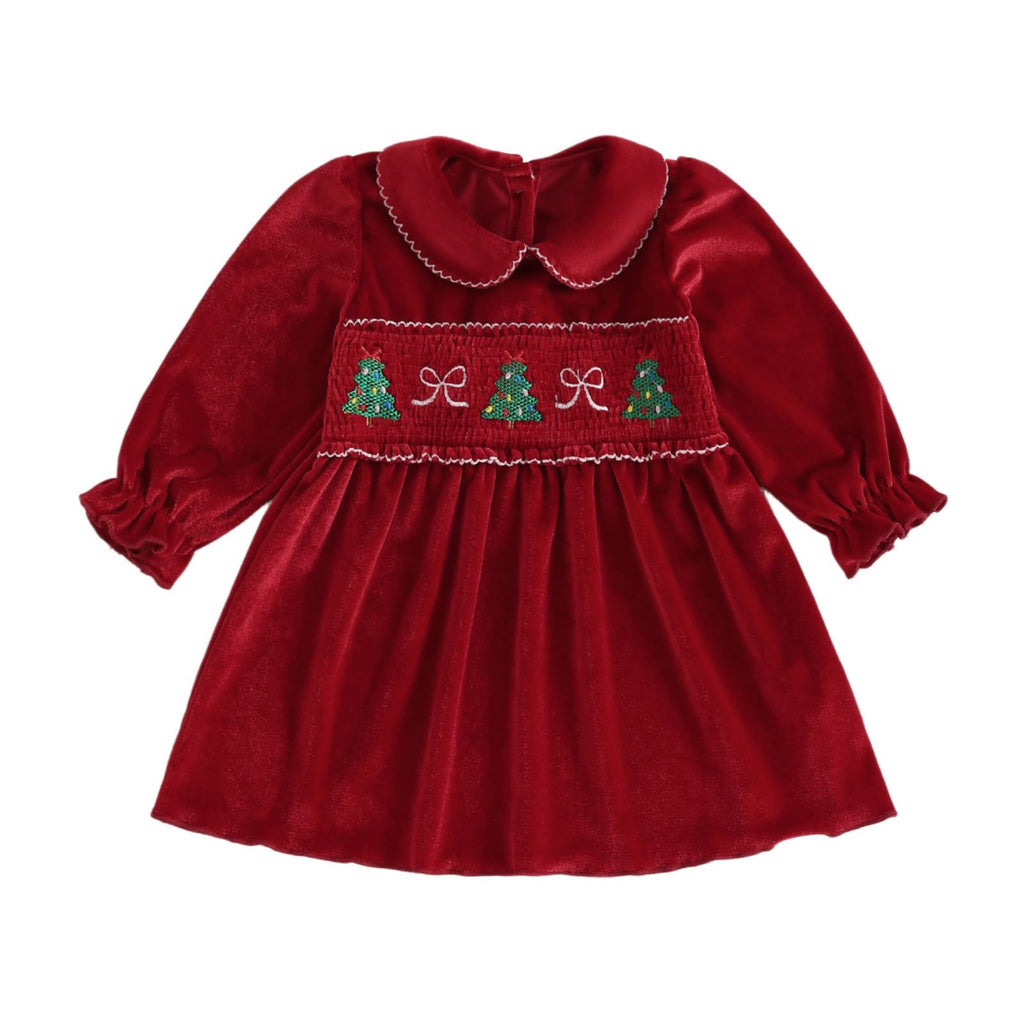 Christmas Velvet Girl | Vestido Terciopelo Rojo Niña + Cuello Peter Pan + Bordado Arbolitos Smocking