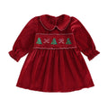 Christmas Velvet Girl | Vestido Terciopelo Rojo Niña + Cuello Peter Pan + Bordado Arbolitos Smocking