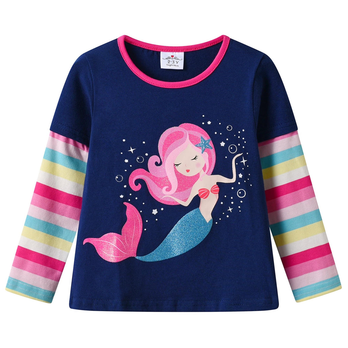 Top de manga larga azul marino con sirena de cabello rosa y cola turquesa con lentejuelas y mangas a rayas arcoíris pastel para niñas