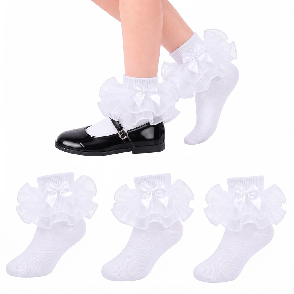 Calcetines Nina Pack 3 Pares Volantes Encaje Tutu Doble Capa Lazo Cinta 3D Blanco Organza Princesa Comunion Boda Uniforme (1 - 10T)