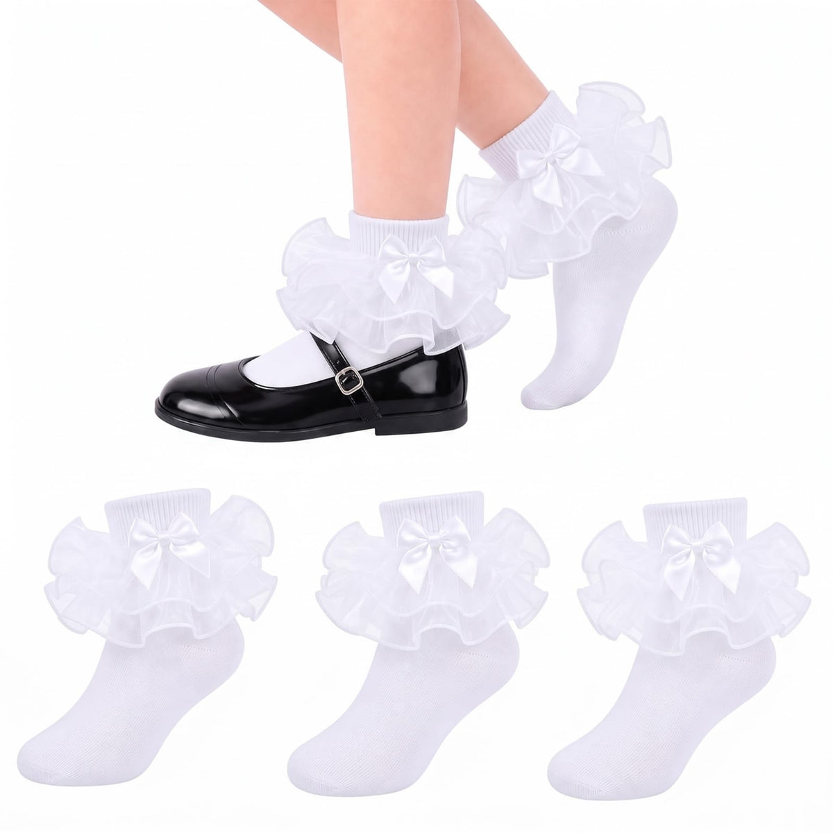 Calcetines Nina Pack 3 Pares Volantes Encaje Tutu Doble Capa Lazo Cinta 3D Blanco Organza Princesa Comunion Boda Uniforme (1 - 10T)