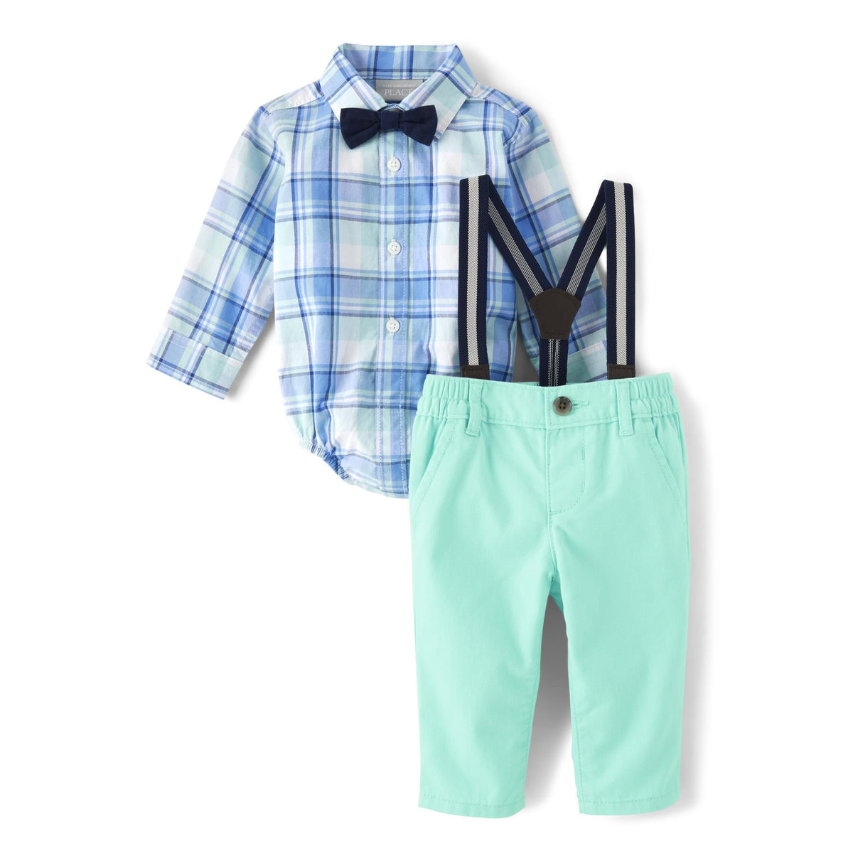 Conjunto Formal 4 Piezas The Children's Place | Bodysuit Cuadros Azul Menta + Chino Aqua + Tirantes + Pajarita Navy | Bebé Niño  (0M - 12M)