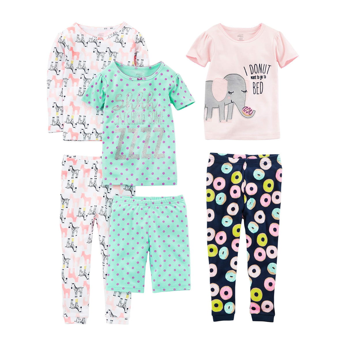 Set Pijama 6 Piezas Simple Joys by Carter's | Short Incluido + Cebras + Donuts + “I Donut Want to Go to Bed” | Niña Rosa/Menta (Solo 6-9M)