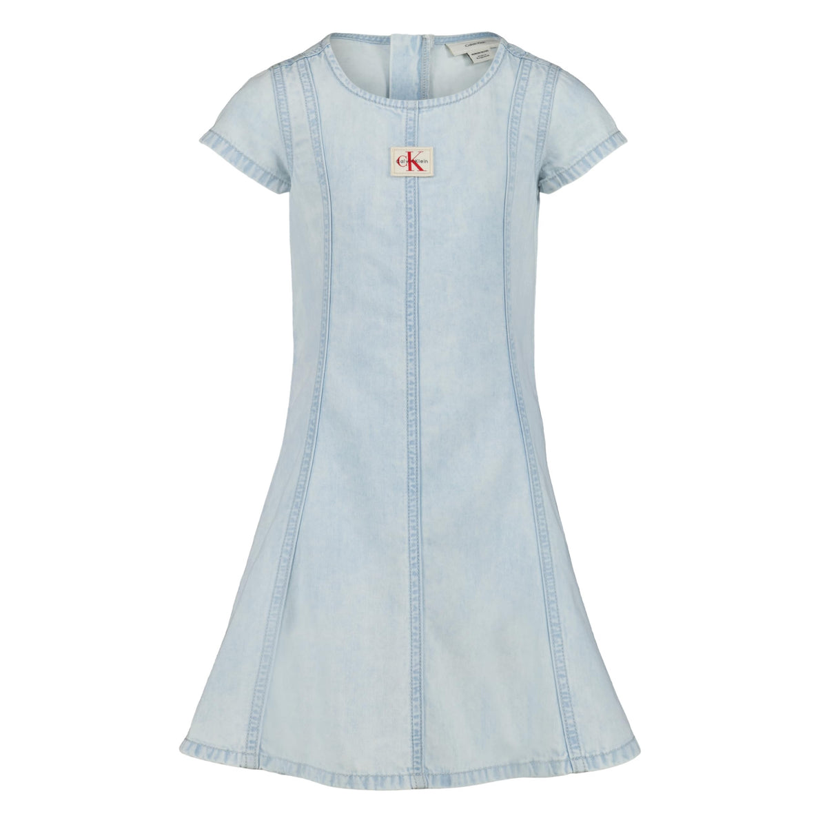 Calvin Klein Jeans Vestido Denim Niña | Azul Blanqueado • Manga Casquillo • Parche Logo CKJ • Silueta Acampanada