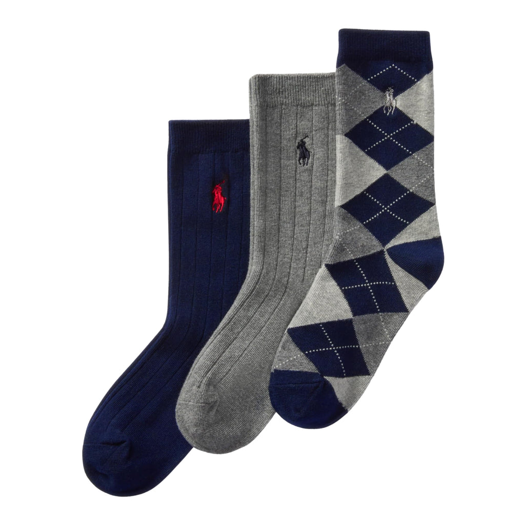 Polo Ralph Lauren | Calcetines Niño Pack 3 Algodón Canalé Argyle Marino Gris Surtido Pony