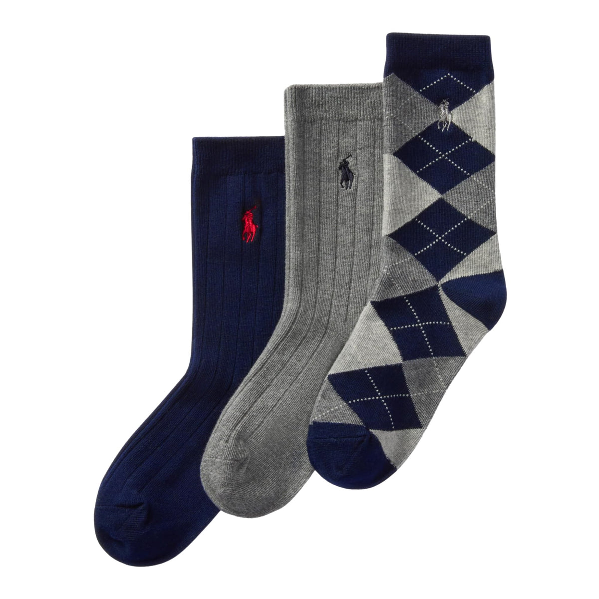 Polo Ralph Lauren | Calcetines Niño Pack 3 Algodón Canalé Argyle Marino Gris Surtido Pony