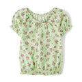 The Children's Place | Top Nina Manga Abullonada | 100% Popelina Algodon | Cuello Redondo Elastico | Dobladillo Inferior Fruncido Smocked | Floral Ditsy Rosa sobre Verde Menta (14 - 16T)
