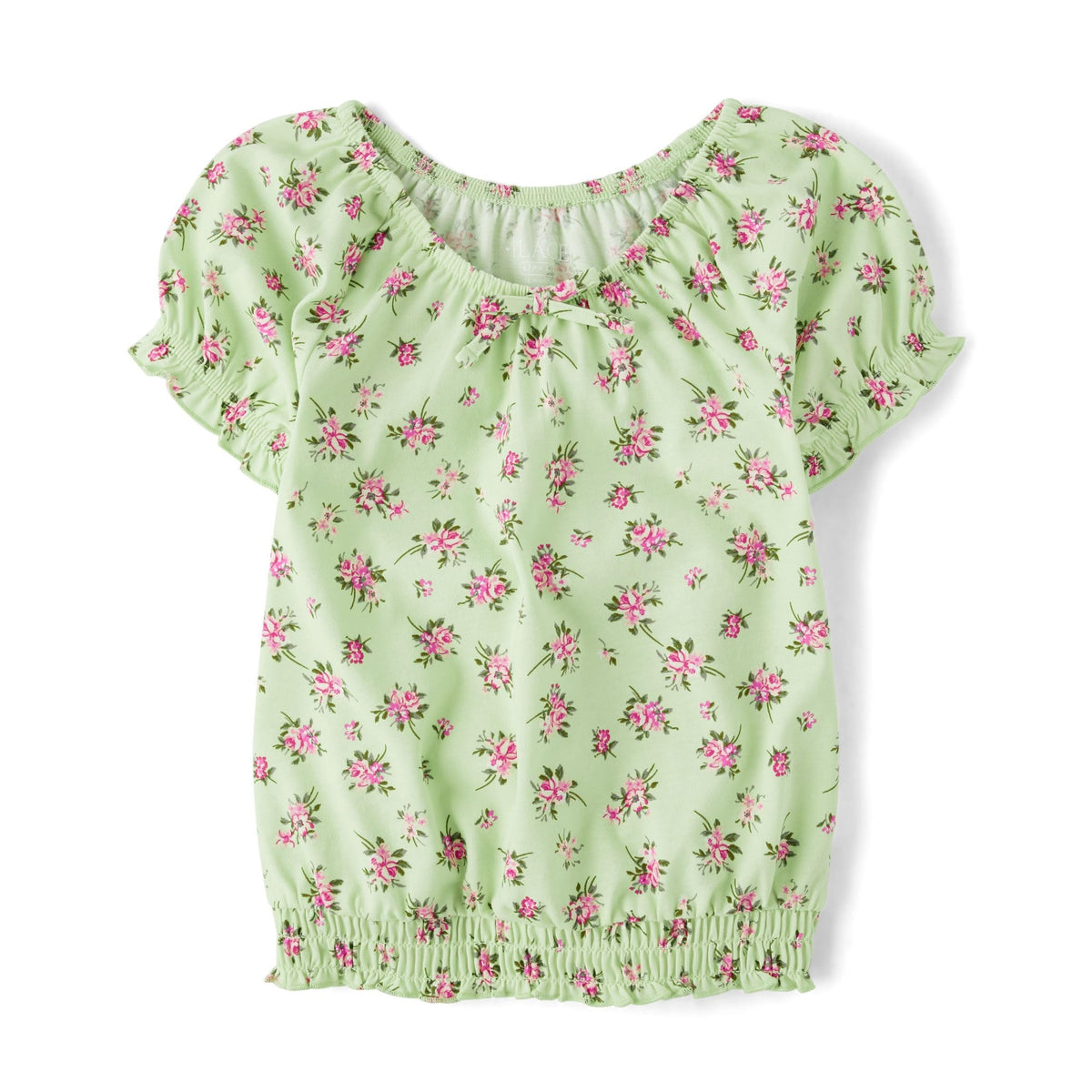 The Children's Place | Top Nina Manga Abullonada | 100% Popelina Algodon | Cuello Redondo Elastico | Dobladillo Inferior Fruncido Smocked | Floral Ditsy Rosa sobre Verde Menta (14 - 16T)