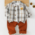 Conjunto de 2 Piezas para Bebé con Camisa de Cuadros, Parche de Oso y Pantalón de Pana (Atuendo Casual, Estilo Preppy de Otoño/Primavera) (6M - 12M)