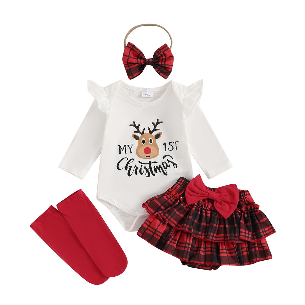 My 1st Christmas Reno | Conjunto Navideño Bebé Niña Falda Cuadros Rojo + Medias + Diadema
