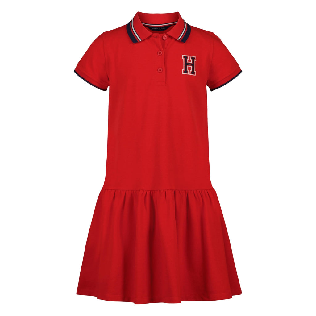 Tommy Hilfiger Vestido Polo Piqué Niña | Rojo • Parche Bordado H Varsity • Falda Plisada