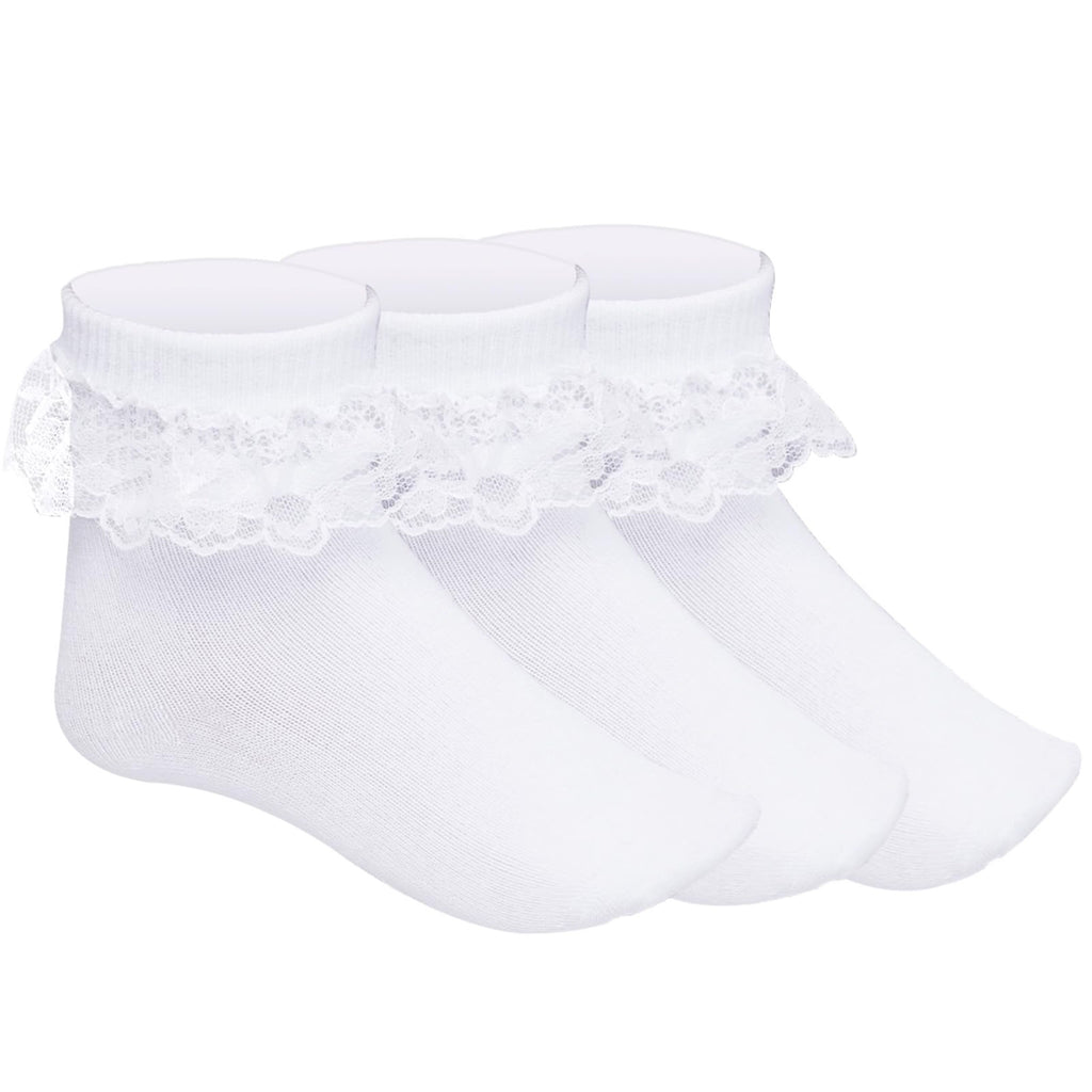 Calcetines Nina Pack 3 Pares Volantes Encaje Doble Capa Blanco Tobillero Algodon Princesa (1 - 15T)